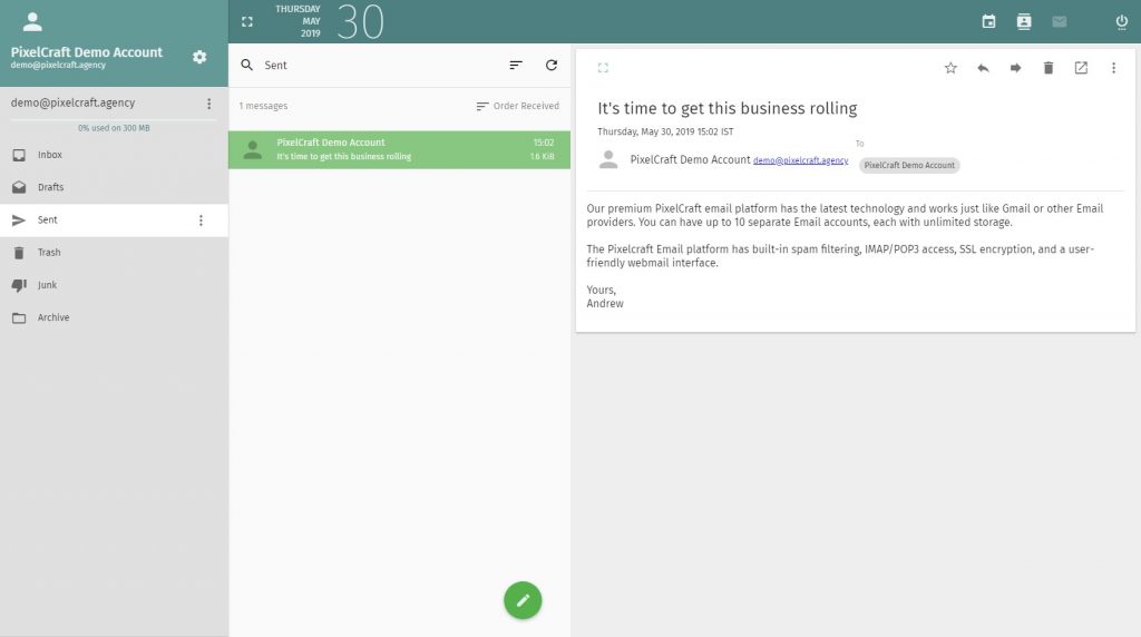 screenshot of Pixelcraft webmail email inbox