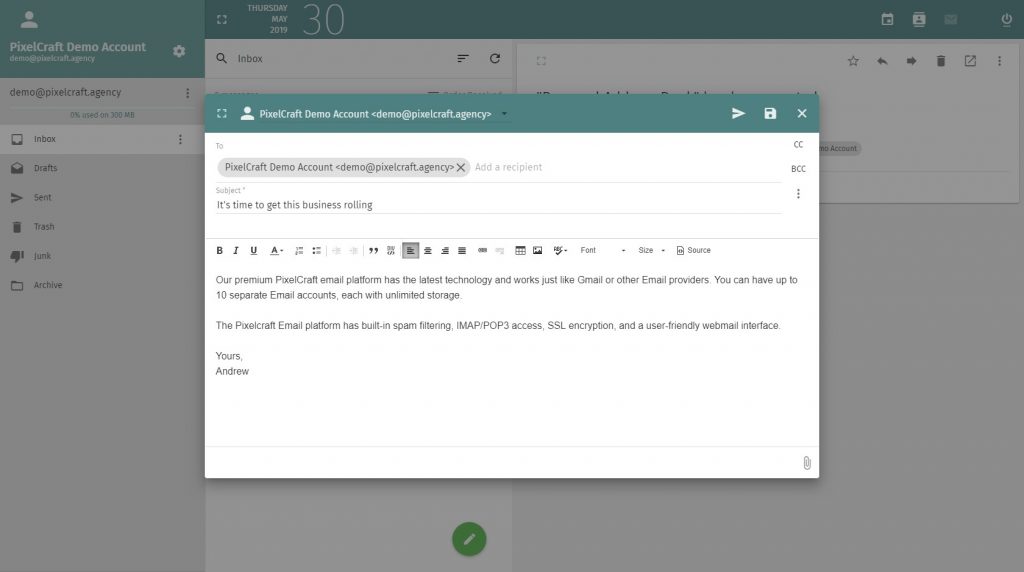 screenshot of Pixelcraft webmail composer
